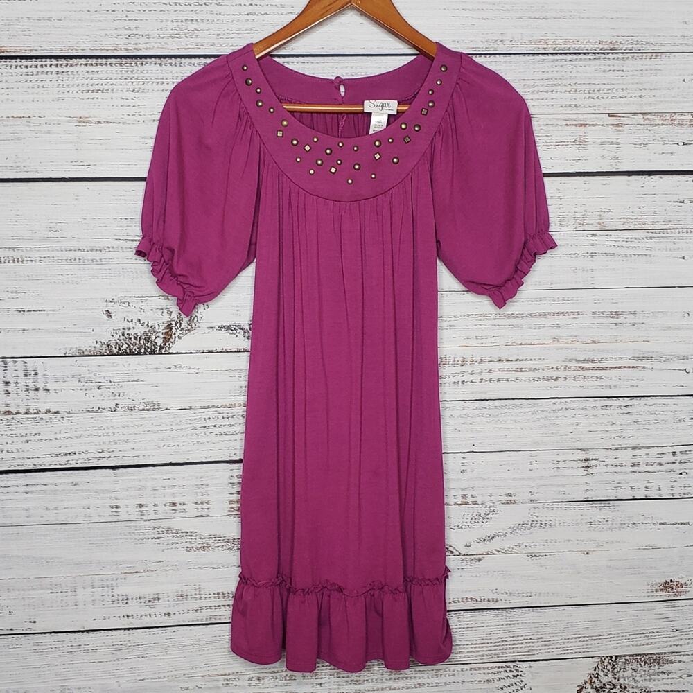 Girls Plum purple Sugar California dress sz 10/12 Bronze accents